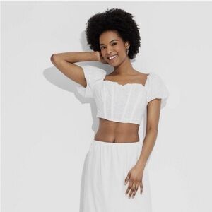Wild Fable White Eyelet Puff Sleeve Crop Top - L